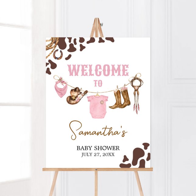 Poster Baby shower Little Cowgirl Bienvenue (Pink Western Rodeo Baby Shower Welcome Sign)