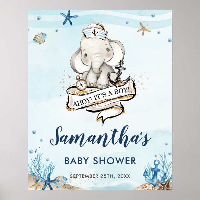 Poster Baby shower marin nautique Cute Elephant Bienvenue (Devant)