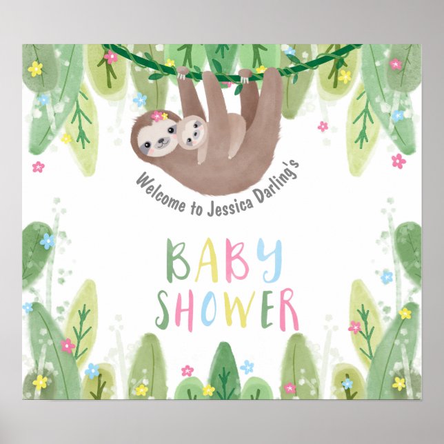 Poster Baby shower mignon bienvenue paresseux avec maman  (Devant)