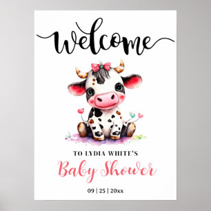 Poster Baby shower minimaliste rose vache fille
