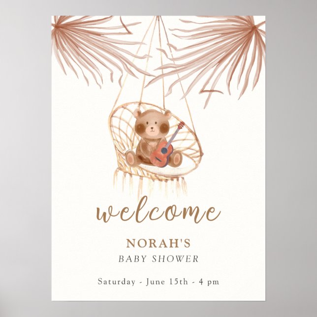 Poster Baby shower moderne Boho Teddy Bear Bienvenue (Devant)