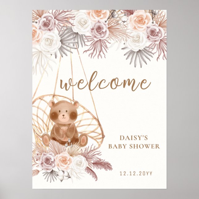 Poster Baby shower moderne Boho Teddy Bear Pampas Accueil (Devant)