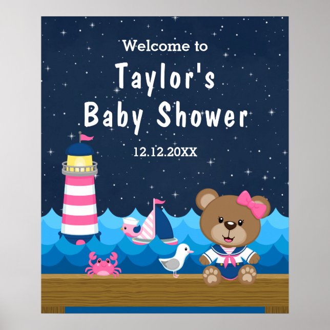 Poster Baby shower Nautique de la Marine rose de l'ours (Devant)