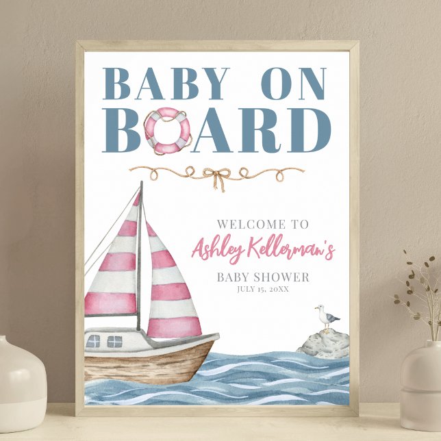 Poster Baby shower nautique rose (Pink Nautical Baby Shower Poster )