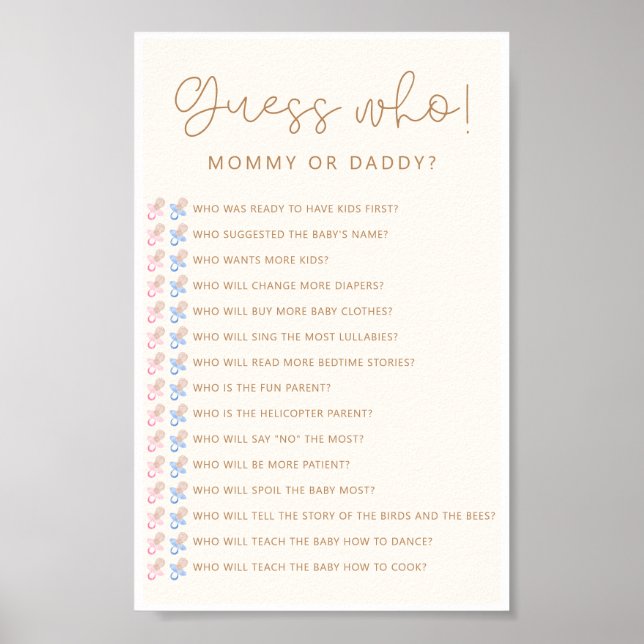 Poster Baby shower Neutre Doux Devinez Qui Joue (Devant)