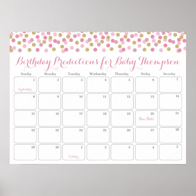 Poster Baby shower or rose Calendrier de prédiction Anniv (Devant)