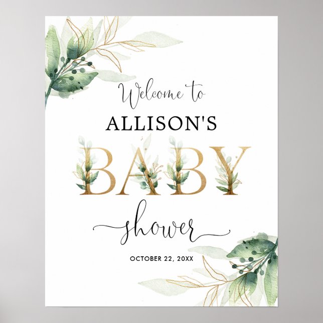 Poster Baby shower or vert neutre genre bienvenue (Devant)