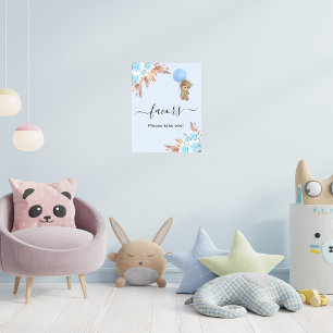 Poster Baby shower ours en peluche bleu pampas herbe fave