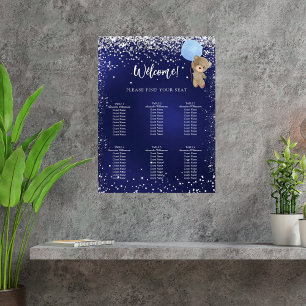 Poster Baby shower ours en peluche garçon marine bleu car