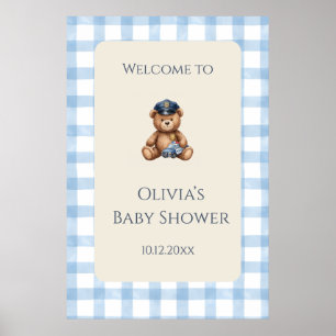 Poster Baby Shower Ours en Peluche Policier à Carreaux