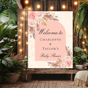 Poster Baby shower pampas herbe rose or blush accueil