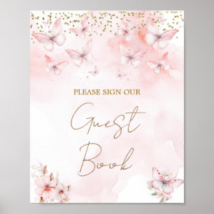 Poster Baby shower papillon rose Livre d'invité