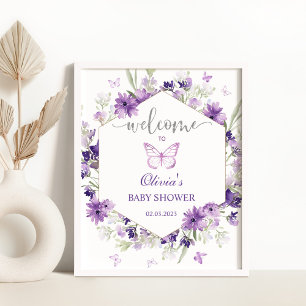 Poster Baby shower papillon violet signe d'accueil