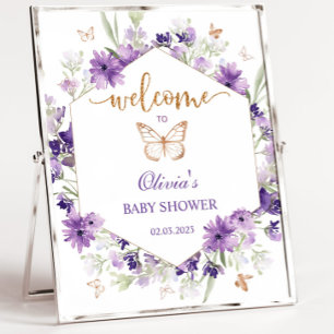 Poster Baby shower papillon violet signe d'accueil