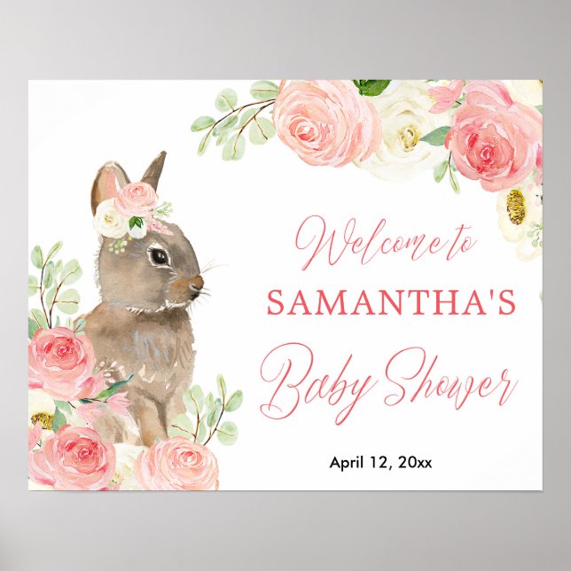 Poster Baby shower Pâques rose fleuri signe de bienvenue (Devant)