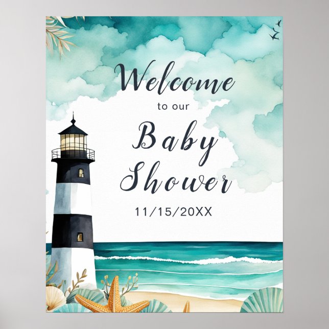 Poster Baby shower phare nautique (Devant)