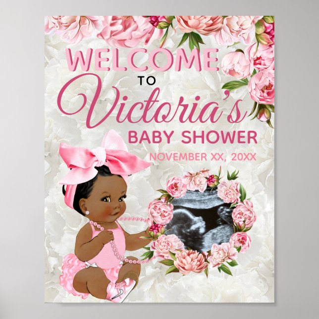 Poster Baby shower photo Ethnic Baby Girl Pink Peony (Devant)