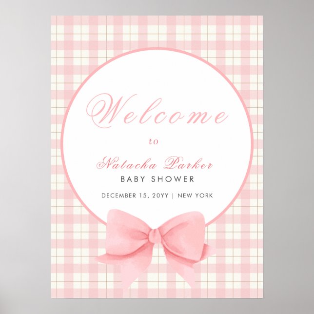 Poster Baby shower Pink En vichy Plaid Bow Girl Bienvenue (Devant)