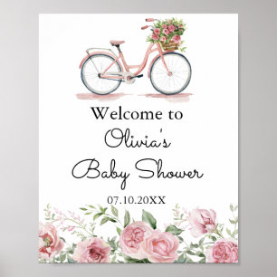 Poster Baby shower pour fille à vélo Vintage rose mou