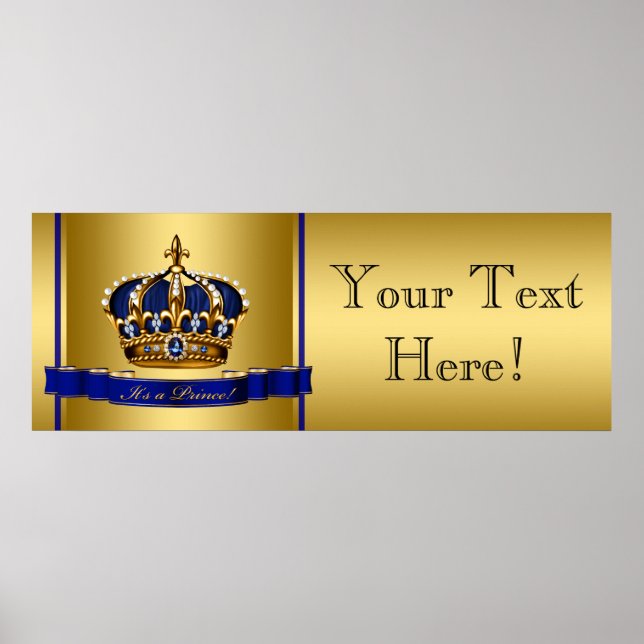 Poster Baby shower Prince de Couronne bleu et or (Devant)