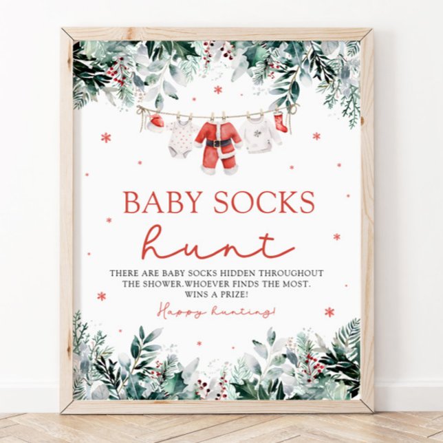 Poster Baby shower Red Père Noël Genre Neutre Chaussettes (Watercolor Red Santa Gender Neutral Baby Socks Baby Shower Sign)