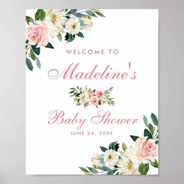 Poster Baby shower Rose Blush Floral Bienvenue (Devant)