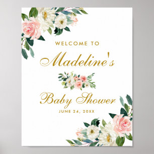 Poster Baby shower Rose Blush Gold Floral Bienvenue