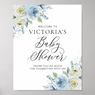 Poster Baby shower Rose d'aquarelle bleu et ivoire
