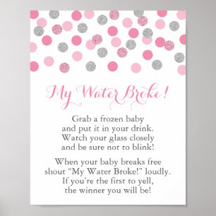 Poster Baby shower rose et argent My Water Broke Jeu