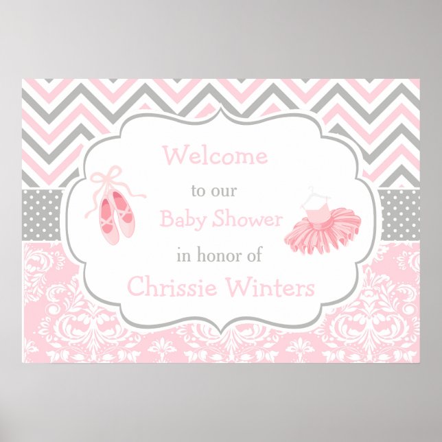Poster Baby shower rose et gris Chevron Ballerina (Devant)