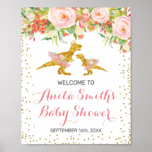 Poster Baby shower rose et or Dino signe de bienvenue