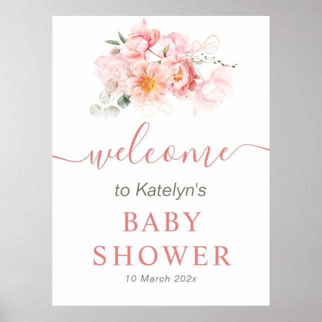 Poster baby shower rose fleuri signe de bienvenue (Devant)