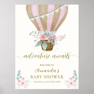 Poster Baby shower rose Floral à air chaud Bienvenue