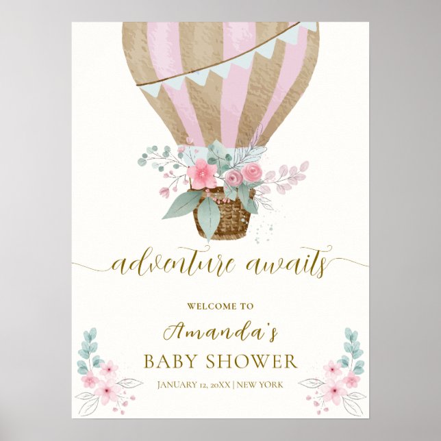 Poster Baby shower rose Floral à air chaud Bienvenue (Devant)