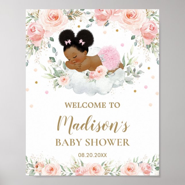 Poster Baby shower rose Floral Africain Américain Accueil (Devant)
