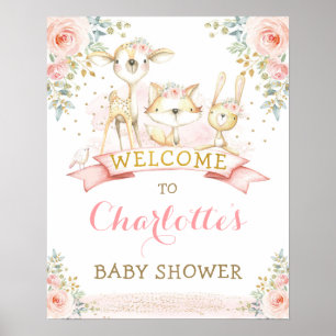 Poster Baby shower rose Floral Bois Animaux Bienvenue
