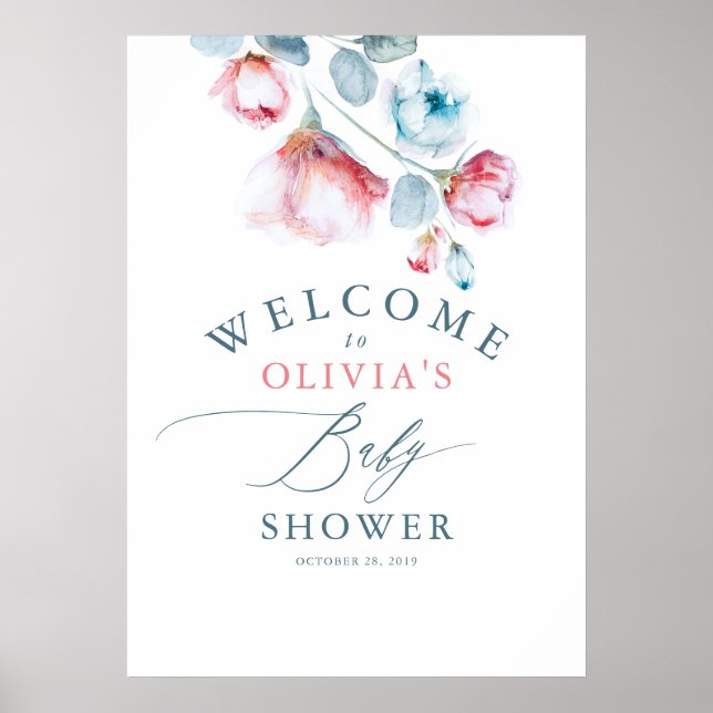 Poster Baby shower rose floral élégant Accueil (Devant)
