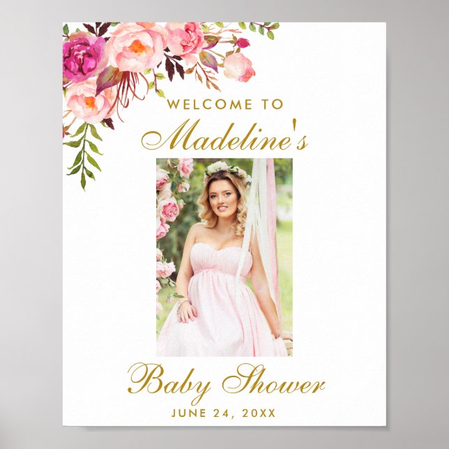 Poster Baby shower rose Floral Or Bienvenue Photo (Devant)