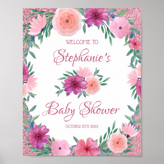 Poster Baby shower rose floral rose de parties (Devant)