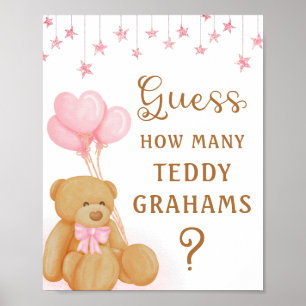 Poster Baby shower rose Jeu de devinette Signé Teddy Bear