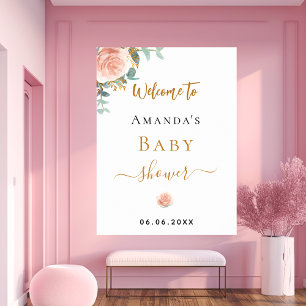 Poster Baby shower rose or fleuri eucalyptus bienvenue