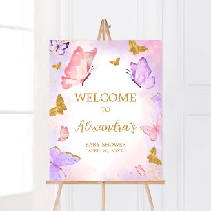 Poster Baby shower rose or violet papillon  Bienvenue