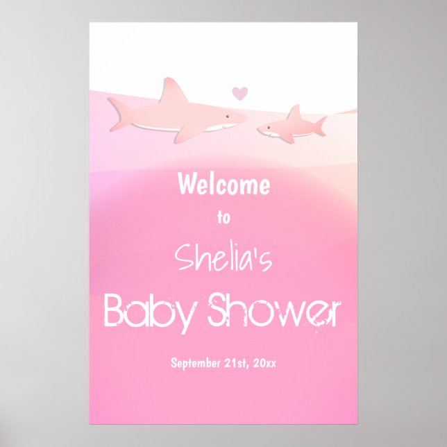 Poster Baby shower rose requin Bienvenue (Devant)