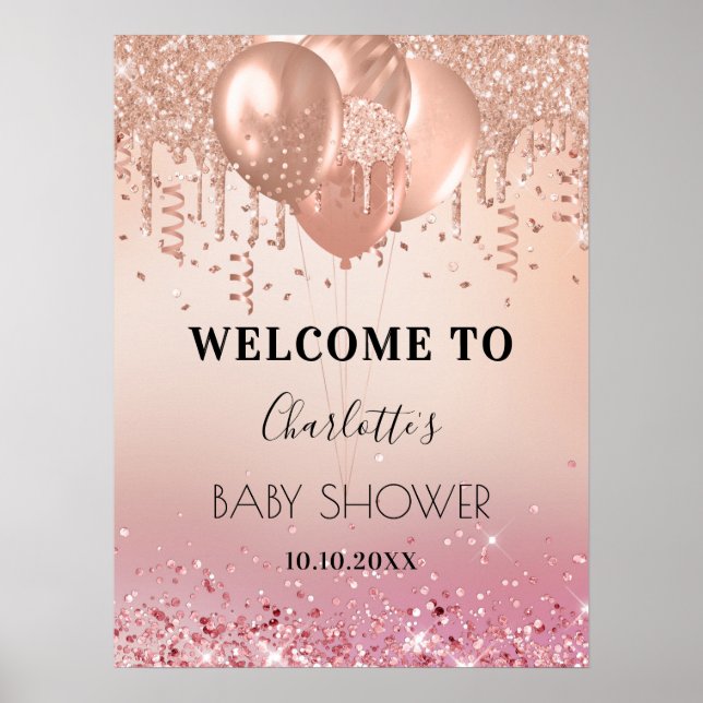 Poster Baby shower rose rose or parties scintillant accue (Devant)