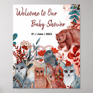 Poster baby shower rouge et bleu avec animaux