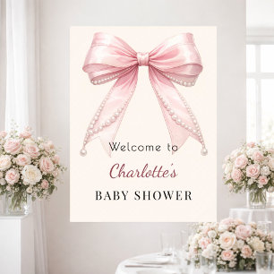 Poster Baby Shower ruban rose crème ivoire perles bienven