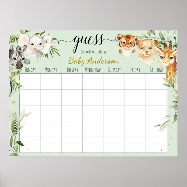 Poster Baby shower Safari Devis Date d'échéance Calendrie (Devant)