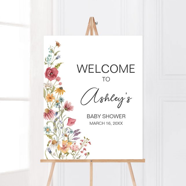 Poster Baby shower Spring Baby in Bloom Bienvenue (Boho Wildflower Baby Shower Welcome Sign)