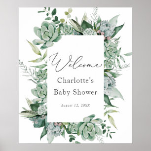 Poster Baby shower Succulent et Eucalyptus Bienvenue