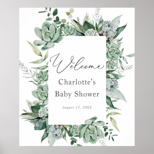 Poster Baby shower Succulent et Eucalyptus Bienvenue (Devant)